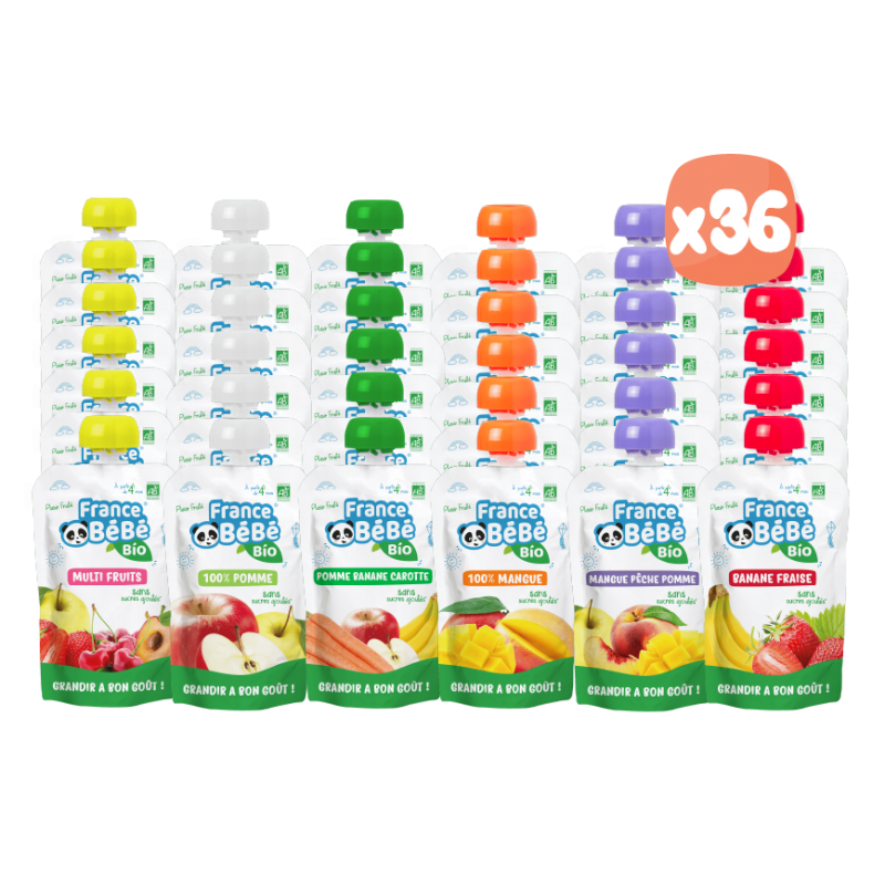 Pack découverte 36 Gourdes de purée de fruits FRANCE BéBé BIO - France Bébé  Nutrition