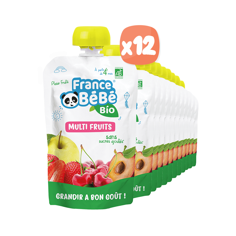 Pack 12 Gourdes de purée de fruits FRANCE BéBé BIO - Mangue Pêche Pomme -  LABORATOIRE FRANCE BEBE NUTRITION à Laval